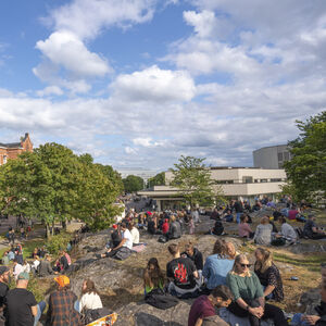 Ihmisiä kokoontunut piknikille puistoon.