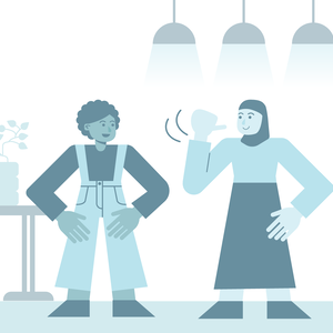 Kuvitus kahdesta henkilöstä seisomassa. Toinen osoittaa peukalolla selän taakse, toinen seisoo kädet lanteilla. Taustalla on pöytä.