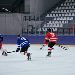 Ice hockey game with players in blue and red jerseys. Partially filled stands in the background.