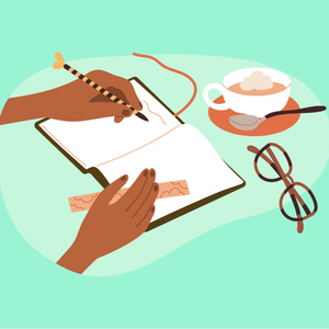 Kuvitus käsistä kirjoittamassa vihkoon. Vieressä on silmälasit, kahvikuppi lautasella ja kynä.