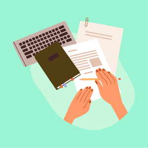 Kuvitus käsistä papereiden päällä, joissa on kannettava tietokone, muistikirja ja lyijykynä vihreällä taustalla.