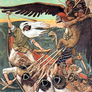 Akseli Gallen-Kallelan maalaus taistelukohtauksesta veneessä, jossa valkohiuksinen soturi hyökkää siivekästä olentoa vastaan, joka kantaa kahta ihmistä.