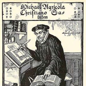 Piirros miehestä kirjoittamassa sekavalla pöydällä, ympärillään kirjoja ja papereita.