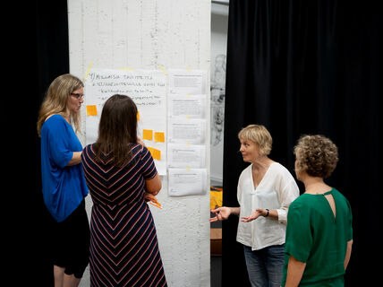 Fyra personer diskuterar. På ett stort papper på väggen bredvid finns frågeställningar skrivna med tusch. 