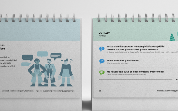 Two pages of the coffee break booklet. The left image shows a tip with an illustration, the right page shows phrases related to party theme.