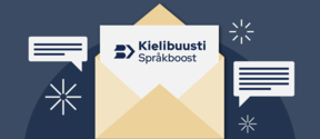 Kirje, jonka sisällä on paperi, jossa on Kielibuusti Språkboost -logo. Kirjeen ympärillä puhekuplia.