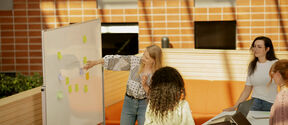 A group of people having a meeting in front of a whiteboard with sticky notes on it. They are in a bright room with large windows.