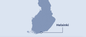 Suomen kartta, jossa Helsinki merkittynä
