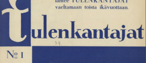 Suomalaisen lehden kansi nimeltä 'Tulenkantajat' tekstillä ja sumealla muotokuvalla. Numero 1, hinta 5 mk.