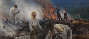 Maalaus, jossa ihmiset polttavat risuja metsän aukealla. Paljon savua ja tulta. Heillä on yllään vanhanaikaiset vaatteet.