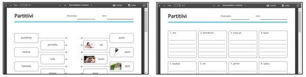 Kaksi erilaista suomen oppijan partiivitehtävää rinnakkain.