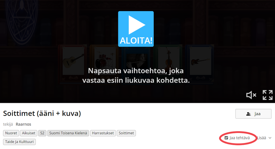 Wordwall-tehtävän aloitusnäkymä, jonka "Jaa tehtävä" -painike on ympyröity.