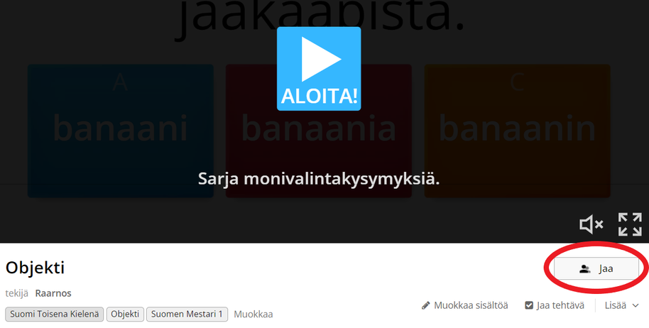 Wordwallobjektitehtävän näkymä, jonka "Jaa" -painike on ympyröity.