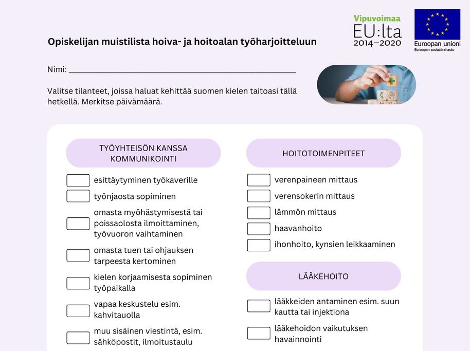 Kuva hoiva- ja hoitoalan työharjoittelun opiskelijan muistilistasta