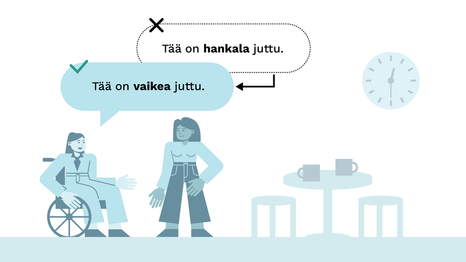 Kuvitus kahdesta hahmosta juttelemassa, toinen hahmoista sanoo "Tää on vaikea juttu." ja sen puhekuplan yläpuolella on ruksittuna "Tää on hankala juttu".