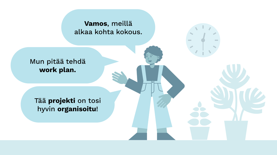 Kuvitus yhdestä hahmosta ja kolmesta puhekuplasta, jotka tulevat hänen suustaan. Ensimmäisessä lukee "Vamos, meillä alkaa kohta kokous.", toisessa lukee "Mun pitää tehdä work plan", ja kolmannessa lukee "Tää projekti on tosi hyvin organisoitu".