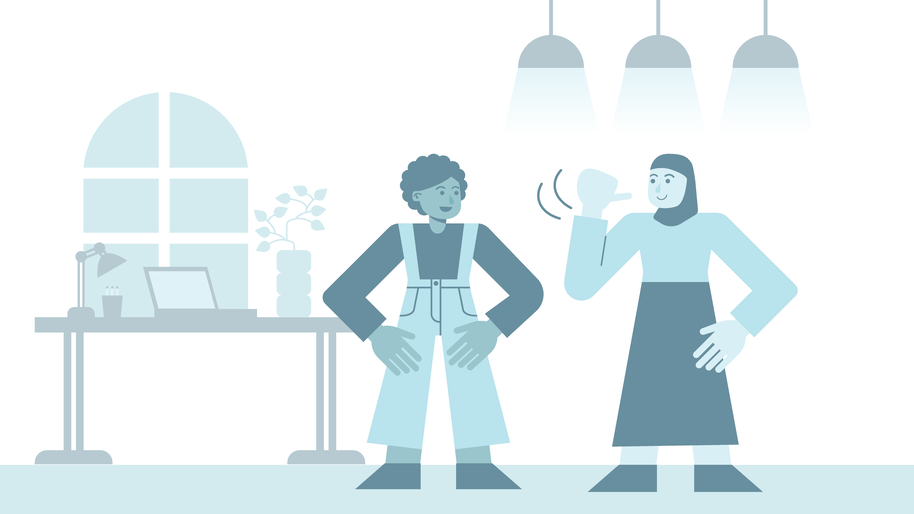 Illustration of two people standing. One person is speaking with hand raised while the other has hands on hips. Desk in background.