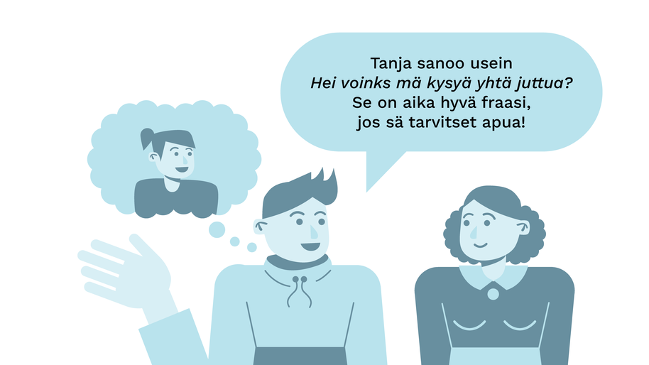 Kuvitus kahdesta hahmosta juttelemassa. Ensimmäisen hahmon pään yläpuolella on ajatuskupla ja puhekupla. Ajatuskuplassa on kolmannen hahmon kuva ja puhekuplassa lukee "Tansa sanoo usein 'Hei voinks mä kysyä yhtä juttua?' Se on aika hyvä fraasi jos sä tarvitset apua!"