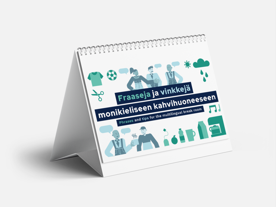 A desk calendar with illustrations and text. It says 'Phrases and tips for the multilingual break room' in Finnish and English.