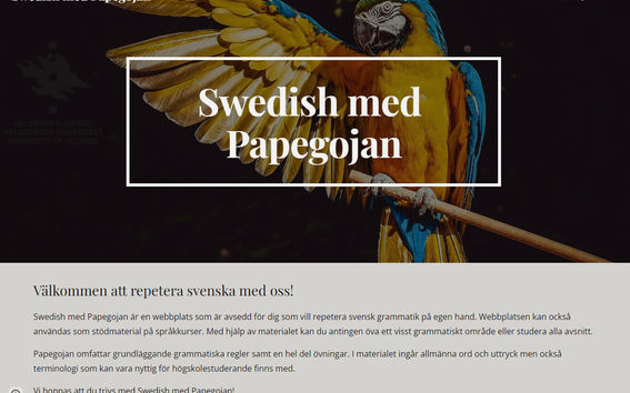 Skärmdump av Swedish med Papegojans ingångssida med välkomsttext och meny.