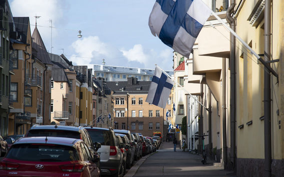 There is along queue of parked cars between the houses. Each house has a Finnish flag in its flagpole.