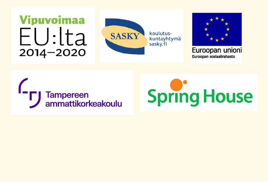Logoja. Vipuvoimaa EU:lta 2014-2020, Koulutuskuntayhtymä Sasky.fi, Euroopan unionin Euroopan sosiaalirahasto, Tampereen ammattikorkeakoulu, Spring House